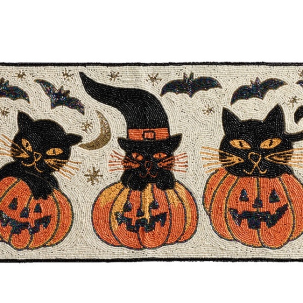 World Market Halloween Black Cat Beaded Table Runner